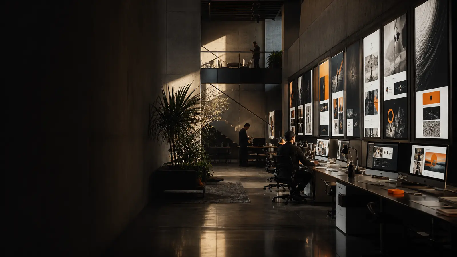 Studio creativo contemporaneo con pareti digitali e contenuti social in produzione